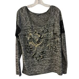 MISS ME Women’s Long Sleeve Floral Embrace Metallic Top Size Large Bedazzled